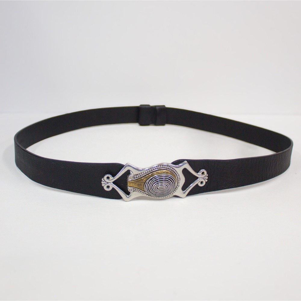 Chico's Black Genuine Leather Belt Metal Spiral Buckle Size S/M